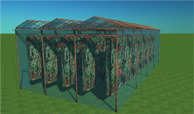 Greenhouse agri-PV scene with roof-mounted PV